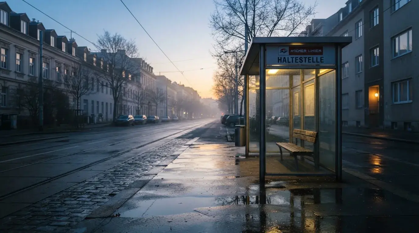 Pusta wiata przystanku tramwajowego na miejskiej ulicy o świcie, pusta ławka i mokry chodnik.