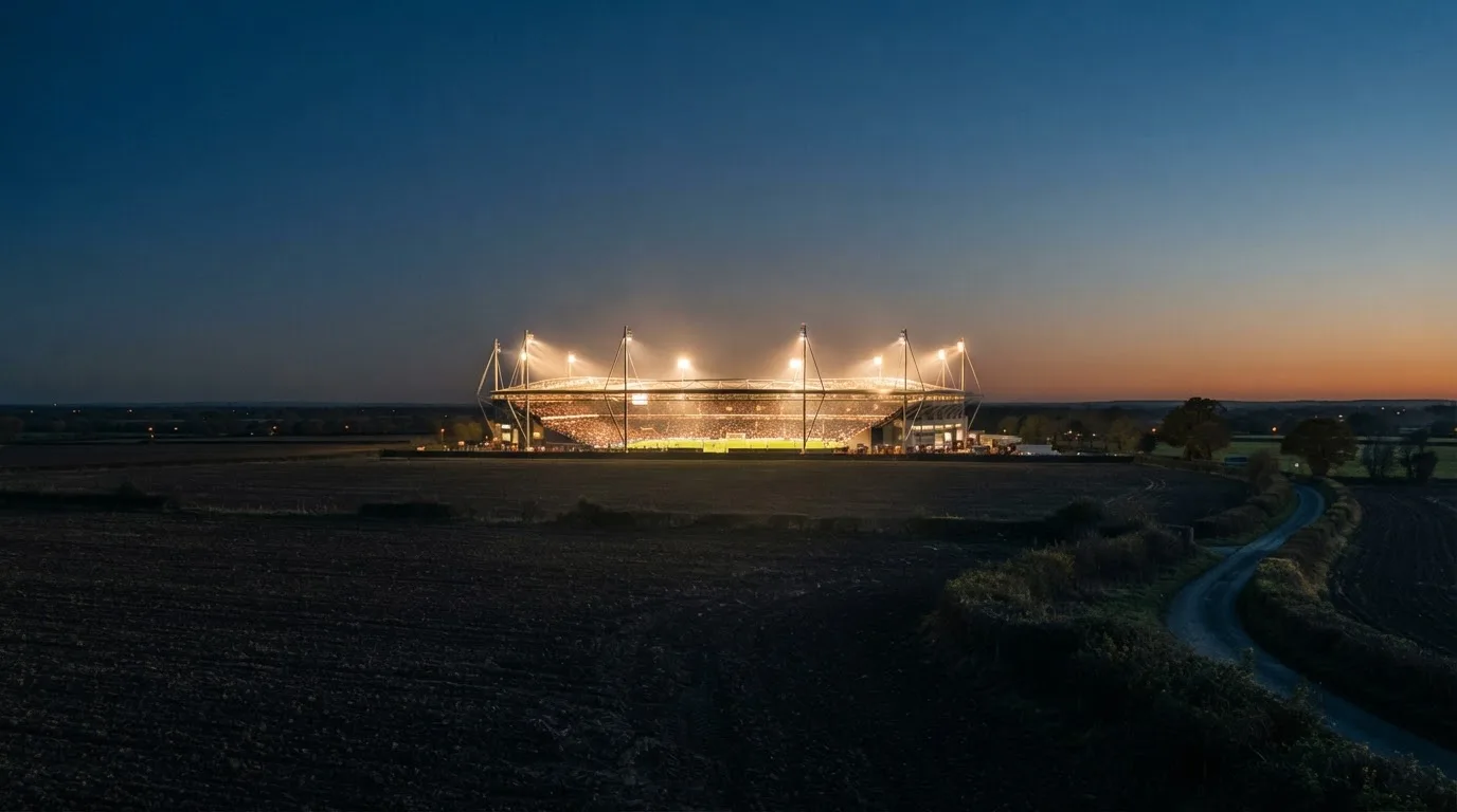 Stadion rozświetlony reflektorami widziany z daleka znad ciemnych pól w pogodny wieczór.