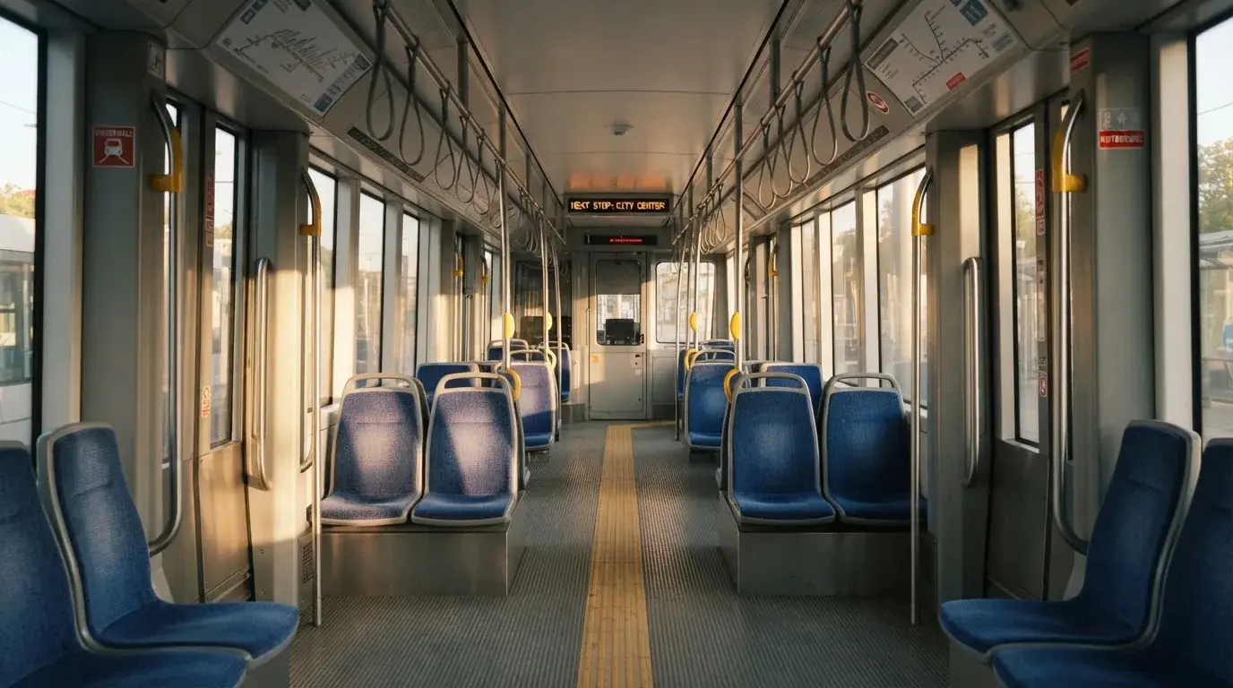 Wnętrze pustego tramwaju z rzędami siedzeń i poręczą w porannym świetle.