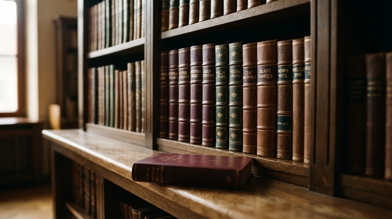 Regał z zamkniętymi książkami w skórzanych oprawach w cichej bibliotece, światło pada z boku.