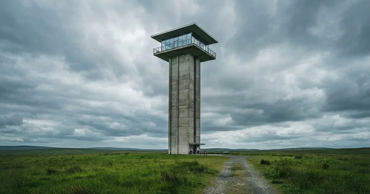 Wysoka wieża obserwacyjna z dużymi oknami na tle zachmurzonego nieba, u jej podnóża zielone pole.