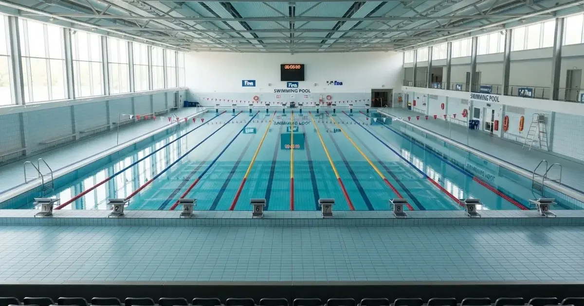 Pusty basen olimpijski z równymi torami i spokojną taflą wody, widok z trybun w jasnym świetle.