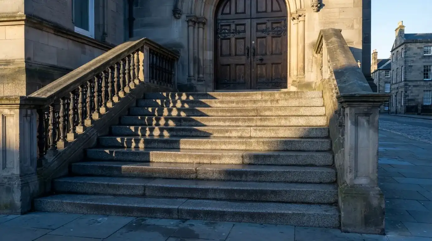 Granitowe schody prowadzące do wysokich drewnianych drzwi budynku w porannym świetle, pusta balustrada.