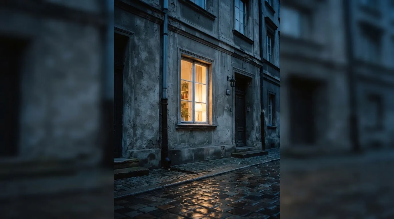 Szare okno kamienicy wieczorem, w którym pali się lampa, pod nim mokry bruk uliczki.