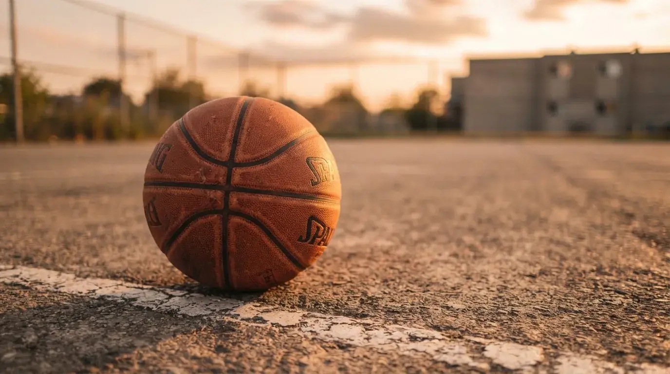 Pomarańczowa piłka do koszykówki leżąca na asfaltowym boisku osiedlowym o zachodzie słońca.
